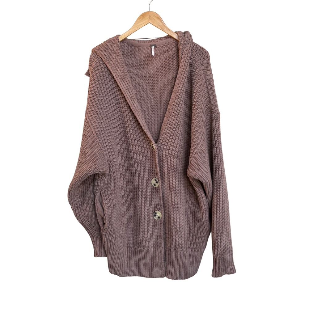 Free People Womens S Swim Too Deep Cardigan Mauve Chunky Knit Button Up Hooded